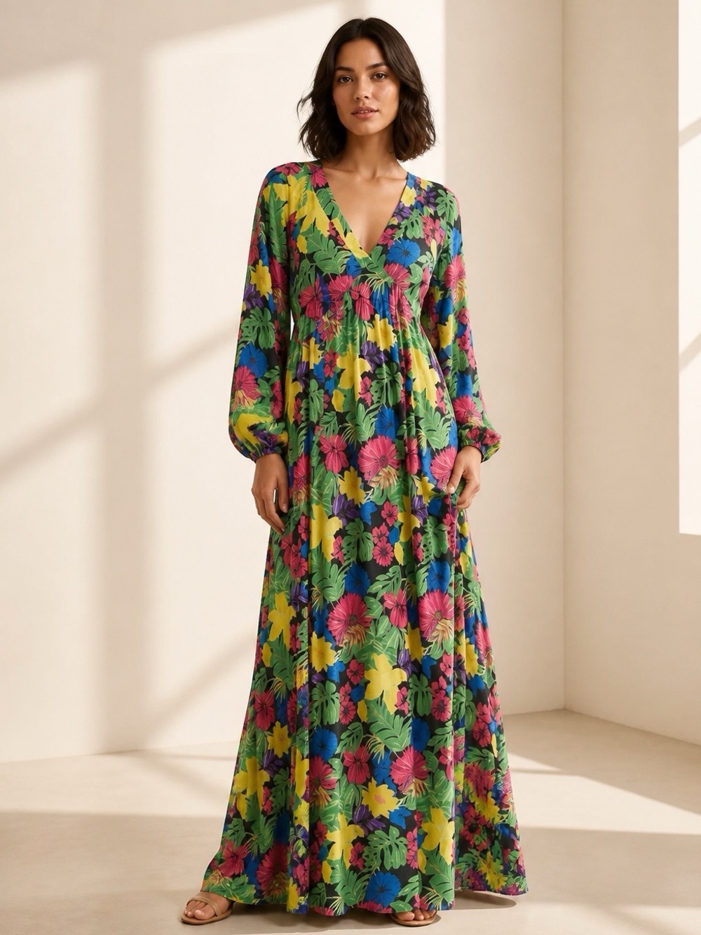 Skies Are Blue Tropical Floral Long Sleeve Maxi Dress - Green Multi